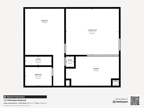 Floor plan for 1 bed, 1 bath, 460 sqft